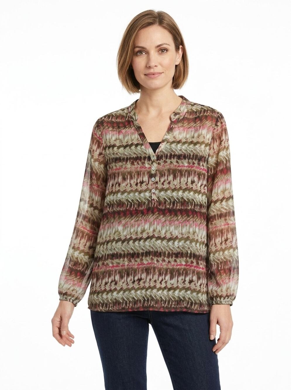 Chico's Pink Brown Chevron Striped Sheer Chiffon Henley Blouse Women Size 1